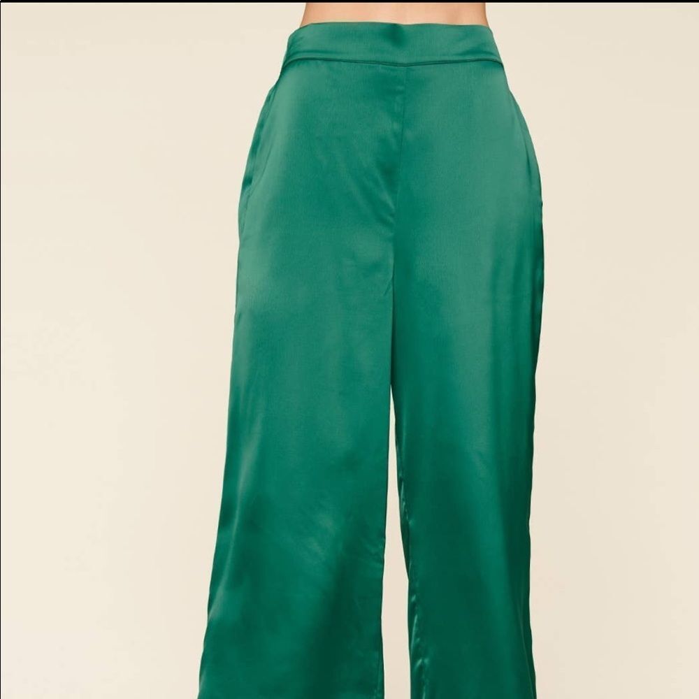 Green Satin Ankle Wide Leg Pants